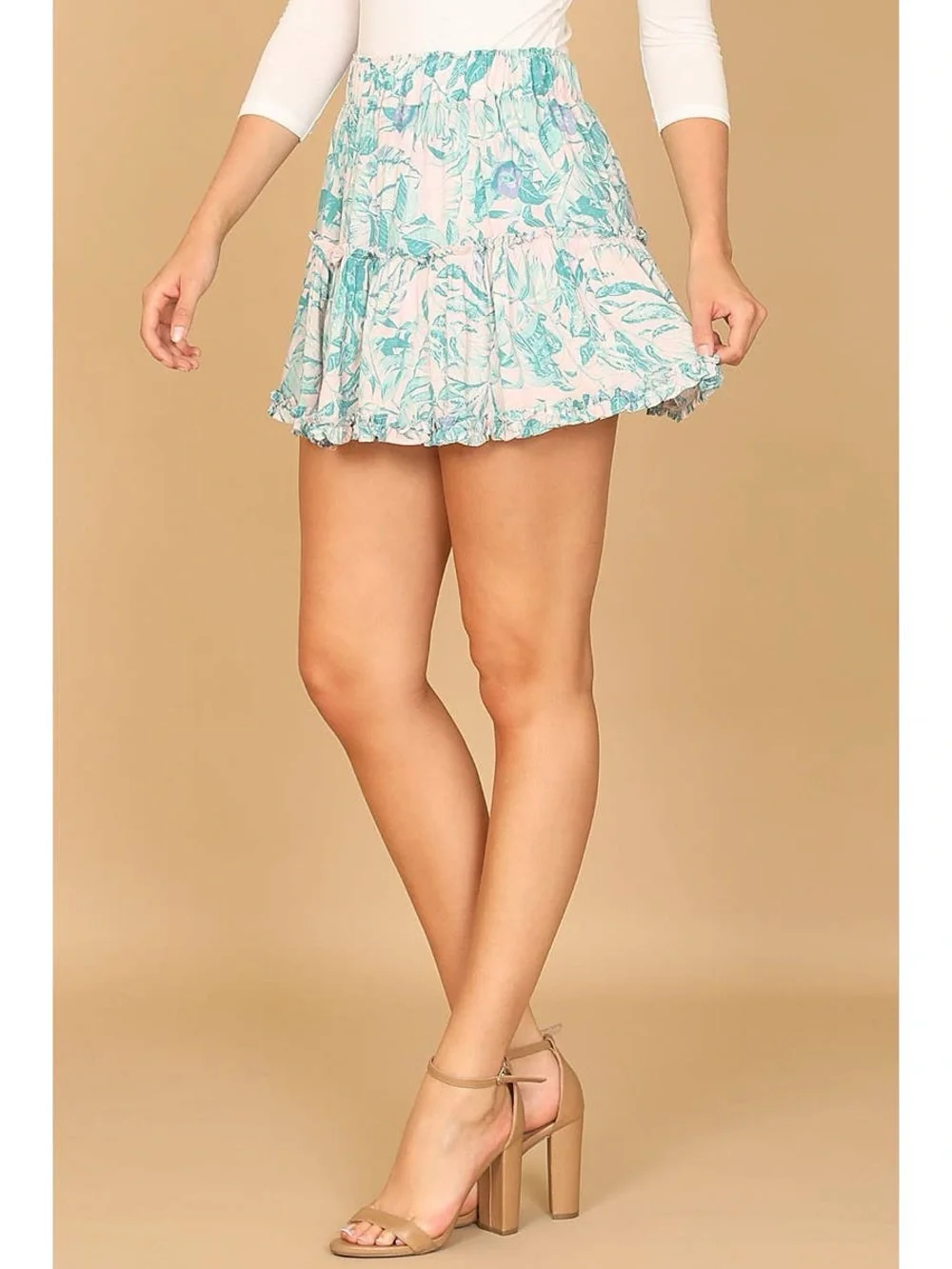 Olivaceous Pink Green Pastel Tropical Floral Tiered Ruffled Mini Skirt M Medium